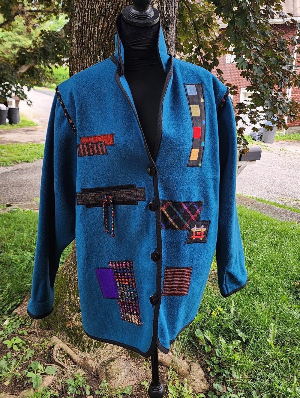 Vintage Artsy Boho Colorful Lynn Murray Fabric Artist Wool Jacket Blazer Coat Lg